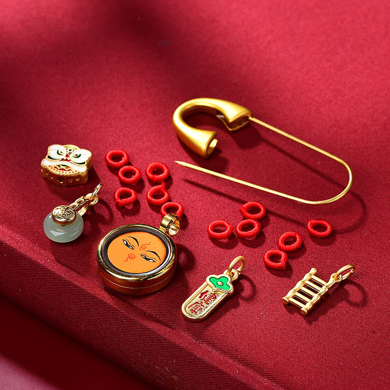 Buddha Stonesの踊る獅子 翡翠 平和バックル 福の字 安全と幸福 銅製 幸運のブローチ