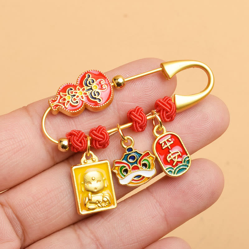 Buddha Stonesひょうたんと踊る獅子福のキャラクターの安全と幸福の祝福のブローチ