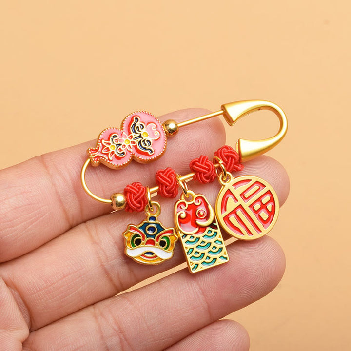 Buddha Stonesひょうたんと踊る獅子福のキャラクターの安全と幸福の祝福のブローチ