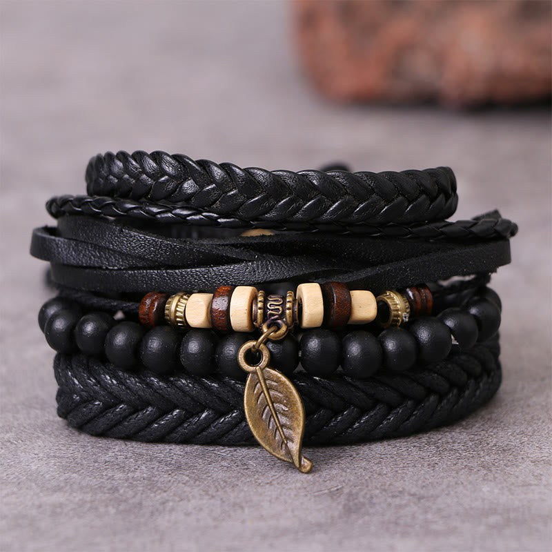 Buddha Stonesリーフ 多層ツイストレザー樹脂ビーズ 勇気ブレスレットセット