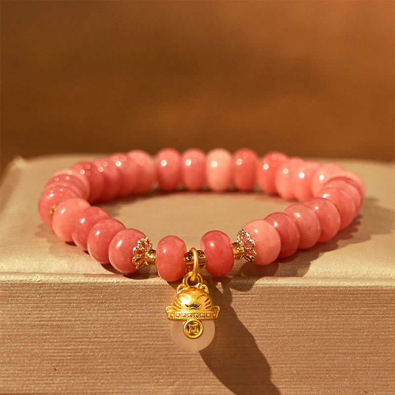 Buddha Stonesストロベリークォーツ シアン翡翠 幸運の猫ビーズ ヒーリングブレスレット - ストロベリークォーツ(手首周り:15~16cm) - image 1
