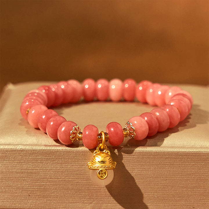 Buddha Stonesストロベリークォーツ シアン翡翠 幸運の猫ビーズ ヒーリングブレスレット - ストロベリークォーツ(手首周り:15~16cm) - image 1