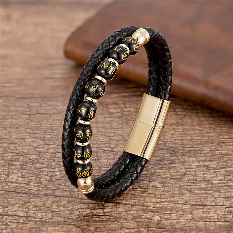 Buddha Stonesブラックオニキス ターコイズ タイガーアイ レッドアゲートオーム・マニ・パドメ・フム強さ レザーブレスレット