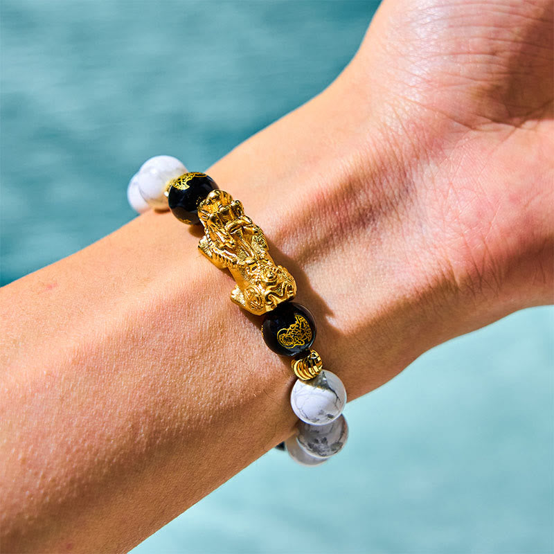 Buddha Stonesヴィンテージ ホワイトターコイズ ブラックオニキスPiXiuビーズ 祝福ブレスレット