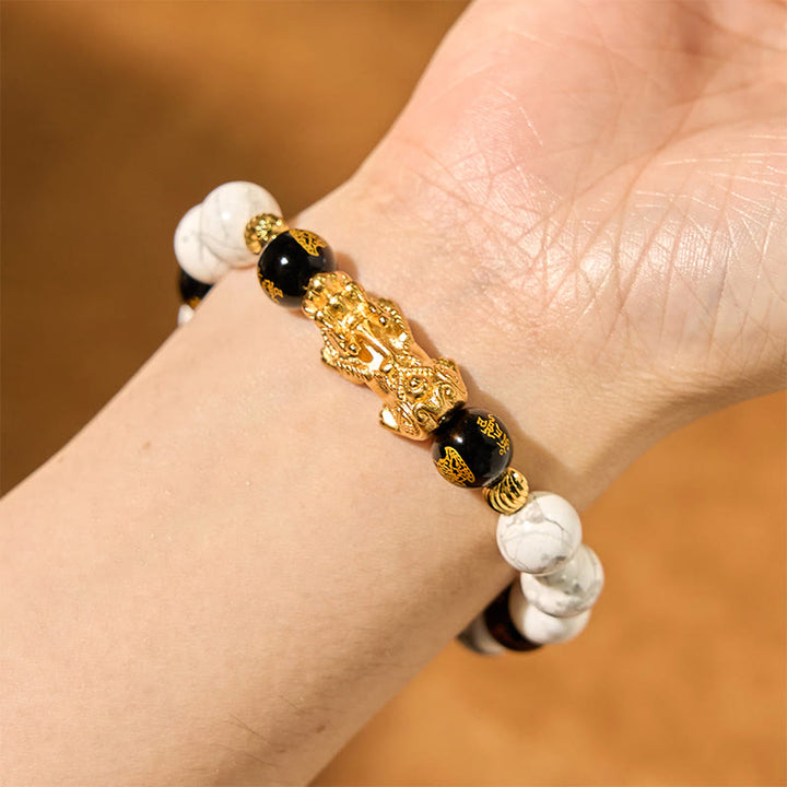 Buddha Stonesヴィンテージ ホワイトターコイズ ブラックオニキスPiXiuビーズ 祝福ブレスレット