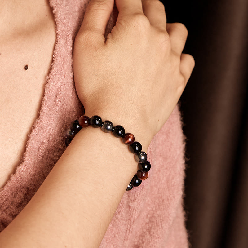 Buddha Stones天然タイガーアイオブシディアンヘマタイトポジティブパワフルブレスレット