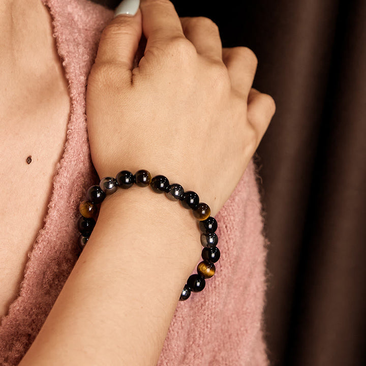 Buddha Stones天然タイガーアイオブシディアンヘマタイトポジティブパワフルブレスレット
