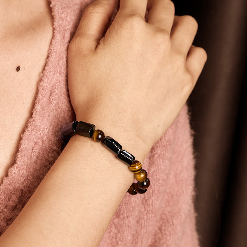 Buddha Stones天然ブラックトルマリン タイガーアイ ポジティブブレスレット