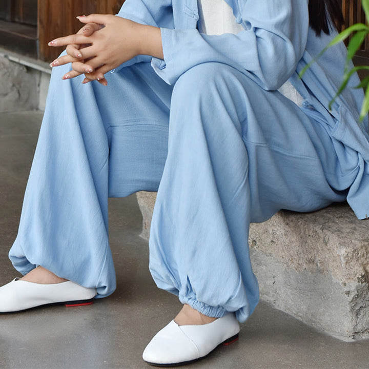 Buddha Stonesカジュアル 無地 ゆったり レディース リネン パンツ ポケット付き