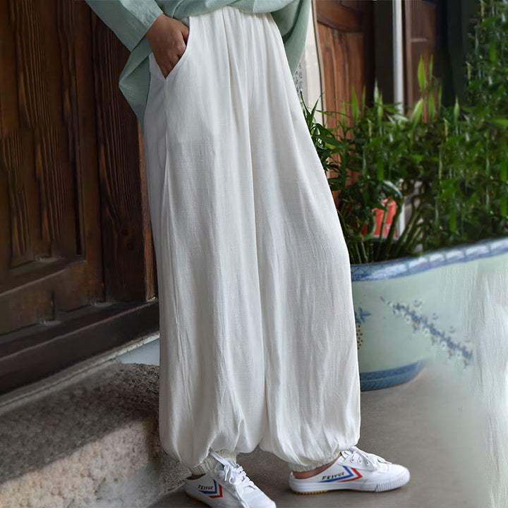 Buddha Stonesカジュアル 無地 ゆったり レディース リネン パンツ ポケット付き