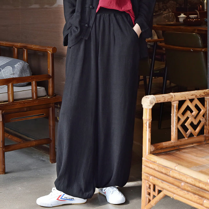 Buddha Stonesカジュアル 無地 ゆったり レディース リネン パンツ ポケット付き