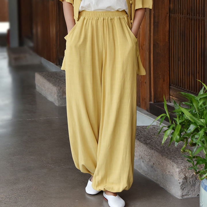 Buddha Stonesカジュアル 無地 ゆったり レディース リネン パンツ ポケット付き