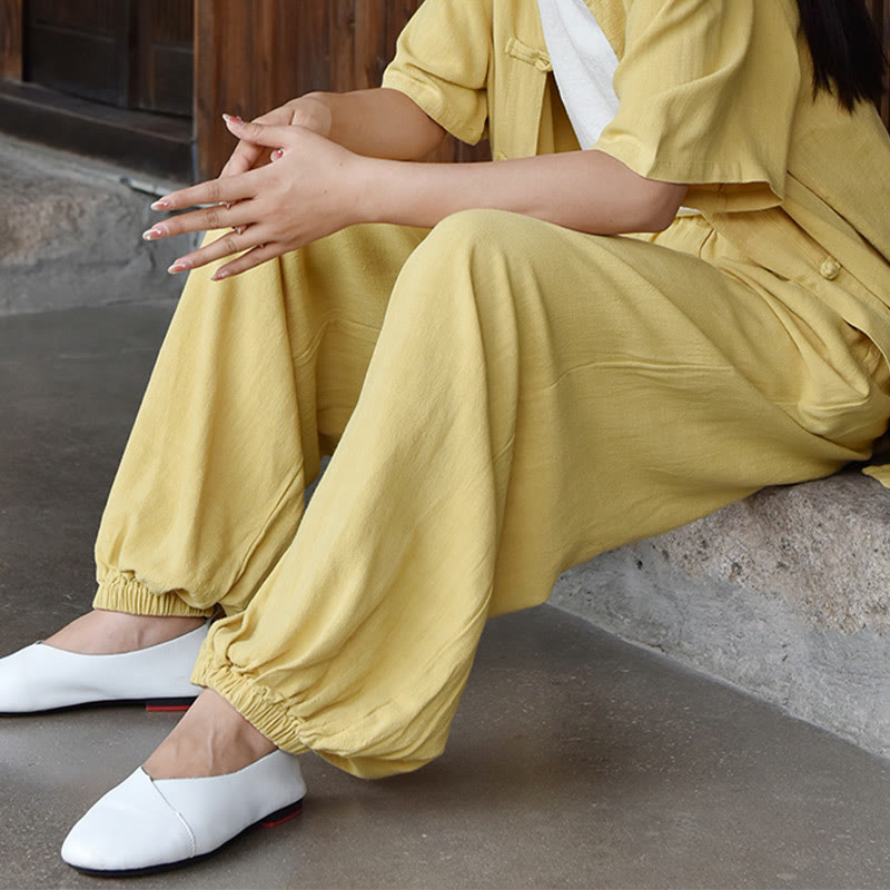 Buddha Stonesカジュアル 無地 ゆったり レディース リネン パンツ ポケット付き