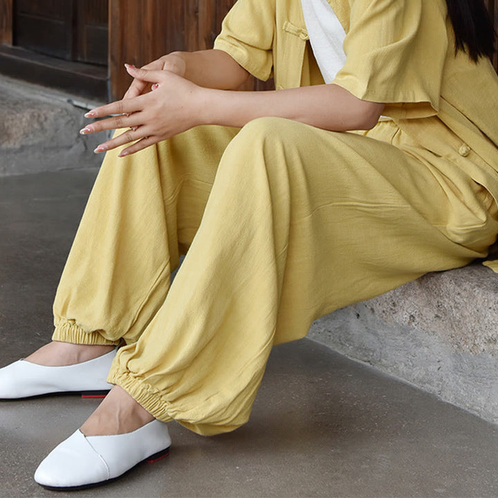 Buddha Stonesカジュアル 無地 ゆったり レディース リネン パンツ ポケット付き