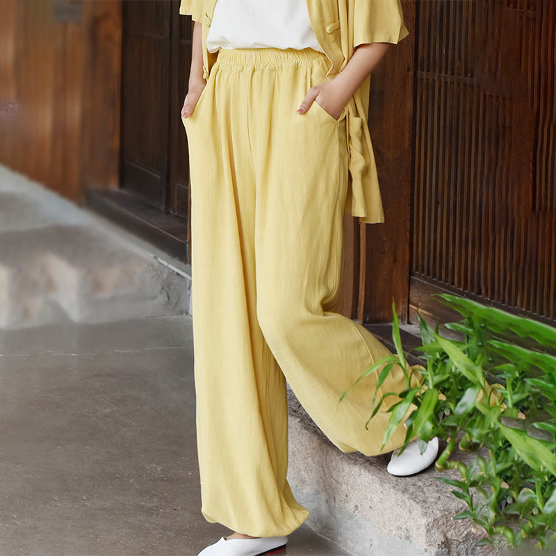 Buddha Stonesカジュアル 無地 ゆったり レディース リネン パンツ ポケット付き