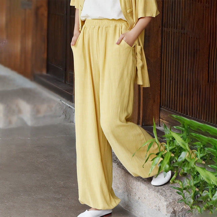 Buddha Stonesカジュアル 無地 ゆったり レディース リネン パンツ ポケット付き