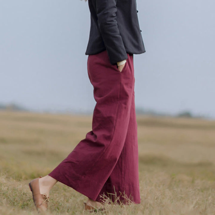 Buddha Stonesカジュアル 無地 ゆったり レディース ラミー ワイドレッグ パンツ ポケット付き