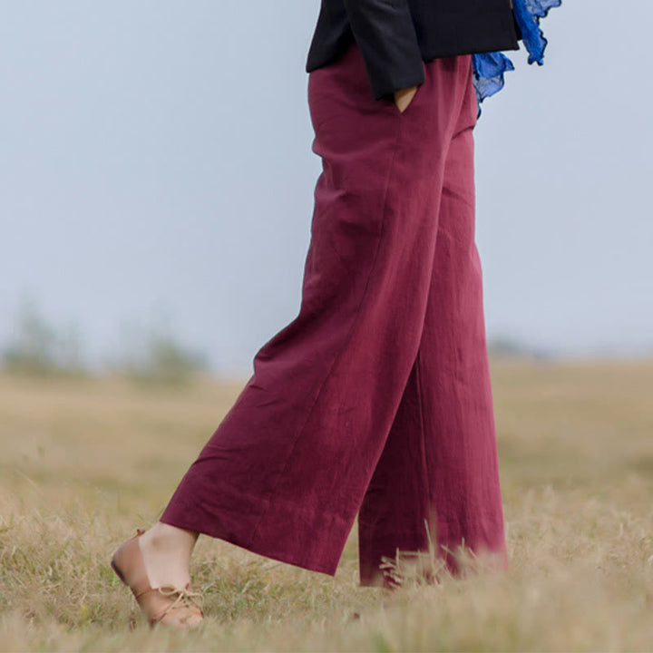 Buddha Stonesカジュアル 無地 ゆったり レディース ラミー ワイドレッグ パンツ ポケット付き