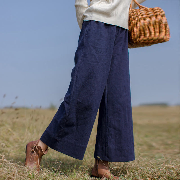 Buddha Stonesカジュアル 無地 ゆったり レディース ラミー ワイドレッグ パンツ ポケット付き