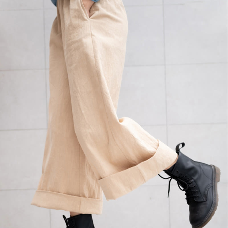 Buddha Stonesカジュアル 無地 ゆったり レディース ラミー ワイドレッグ パンツ ポケット付き