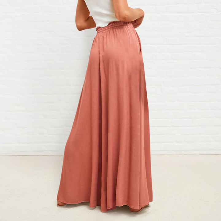 Buddha Stonesカジュアル ハイウエスト 伸縮性 無地 ゆったり レディース ポリエステル ワイドレッグパンツ ポケット付き