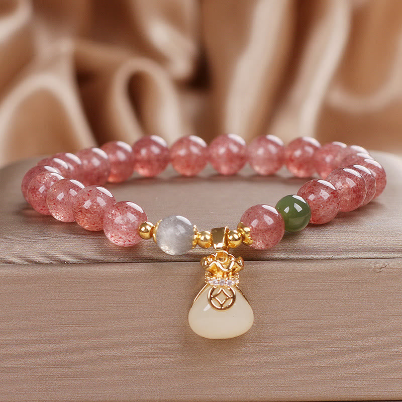 Buddha Stones天然ストロベリークォーツ マネーバッグチャーム ポジティブブレスレット