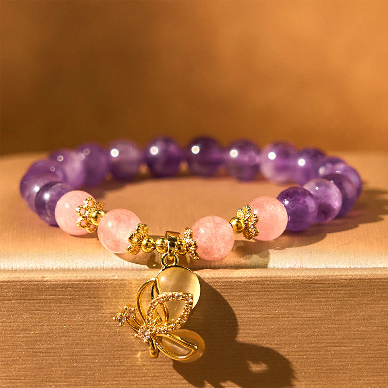 Buddha Stones天然アメジスト ストロベリークォーツ クリスタル ヒーリングバタフライチャームブレスレット