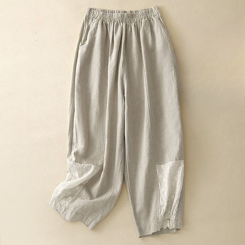 Buddha Stonesカジュアル刺繍パッチワーク生地7-8丈クロップドパンツレディースコットンハーレムパンツポケット付き - ベージュ - US8-10,UK/AU12-14,EU40-42 (2XL) - image 5