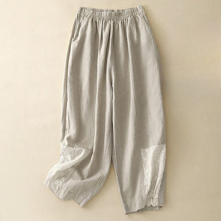 Buddha Stonesカジュアル刺繍パッチワーク生地7-8丈クロップドパンツレディースコットンハーレムパンツポケット付き - ベージュ - US8-10,UK/AU12-14,EU40-42 (2XL) - image 5