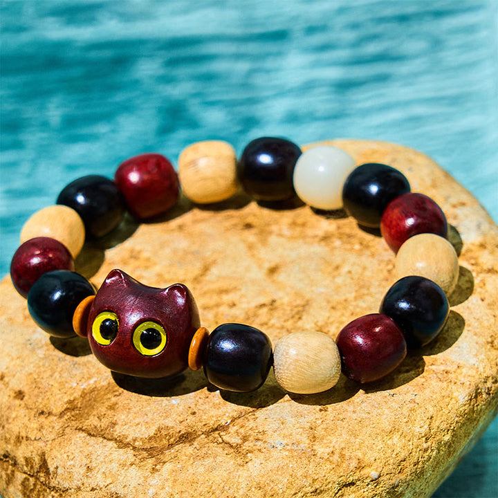 Buddha Stones小葉紫檀黒檀かわいい猫 彫刻守護ブレスレット - 小葉紫檀(邪気を払う♥守護) - image 1
