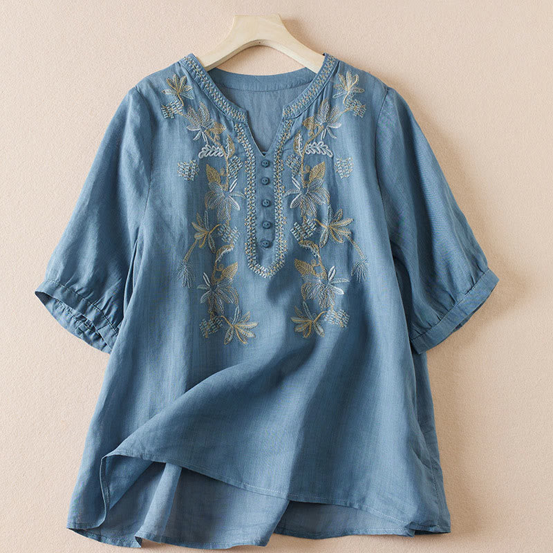 Buddha Stonesカジュアル 刺繍 植物 レディース Vネックデザイン 半袖 コットン混紡シャツ