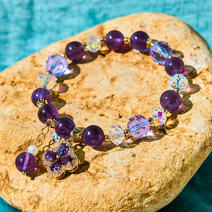 天然アメジストパールフラワーチャーム ポジティブな変容ブレスレット