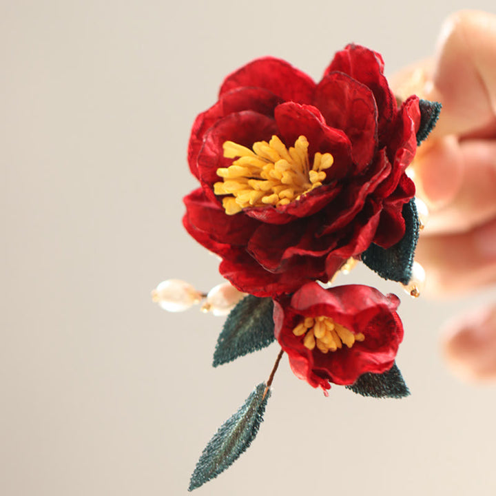 Buddha Stones中国風 赤い椿 蝶 ヘアクリップ ヘアコーム ヘアピン バレッタ アクセサリー