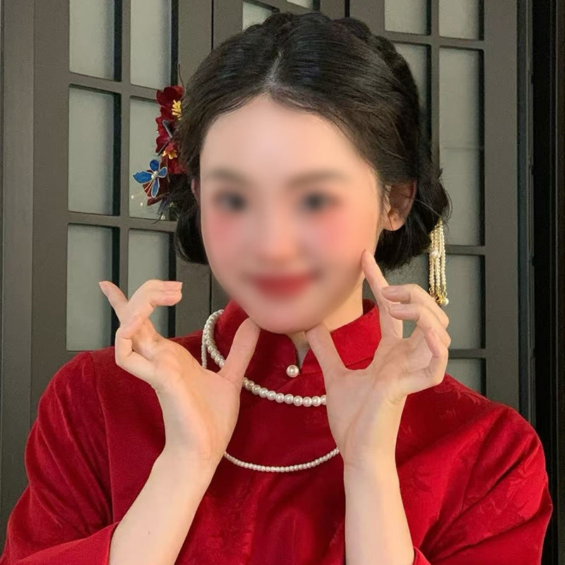 Buddha Stones中国製 ウェディング 赤い花 蝶 ヘアコーム ヘアピン バレッタ