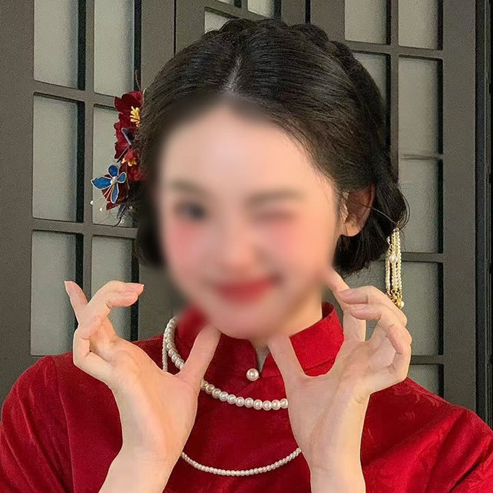 Buddha Stones中国製 ウェディング 赤い花 蝶 ヘアコーム ヘアピン バレッタ