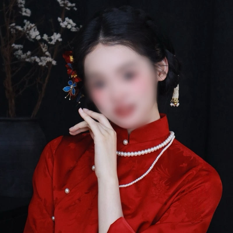 Buddha Stones中国製 ウェディング 赤い花 蝶 ヘアコーム ヘアピン バレッタ