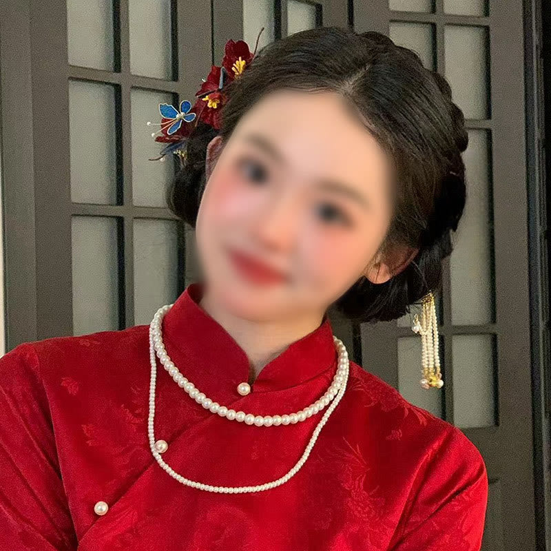 Buddha Stones中国製 ウェディング 赤い花 蝶 ヘアコーム ヘアピン バレッタ