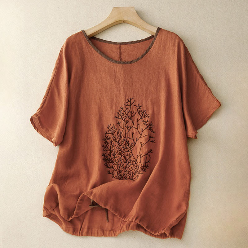 Buddha Stonesカジュアル 刺繍 ツリー ドローストリング レディース クルーネックデザイン ハーフスリーブ コットンリネンTシャツ