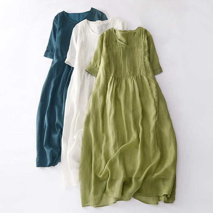 Buddha Stonesカジュアル アコーディオンプリーツ 無地 Vネック 半袖 コットン ミディドレス ポケット付き - image 1