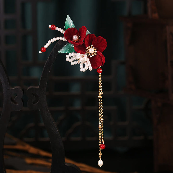 Buddha Stonesアンティークレッドフラワーパールタッセルヘアクリップセット