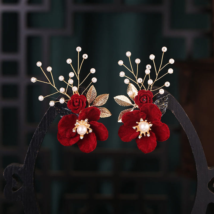 Buddha Stonesアンティークレッドフラワーパールタッセルヘアクリップセット