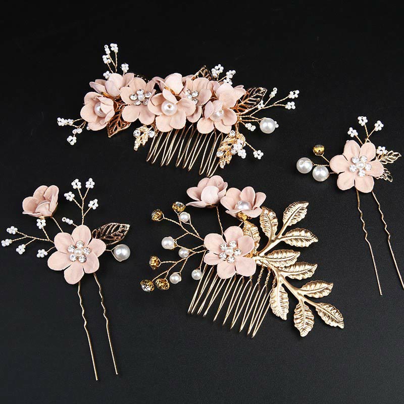 Buddha Stones4個セット ハンドメイド ウェディング ゴールデンリーフ フラワー パール ヘアピン ヘアコーム セット