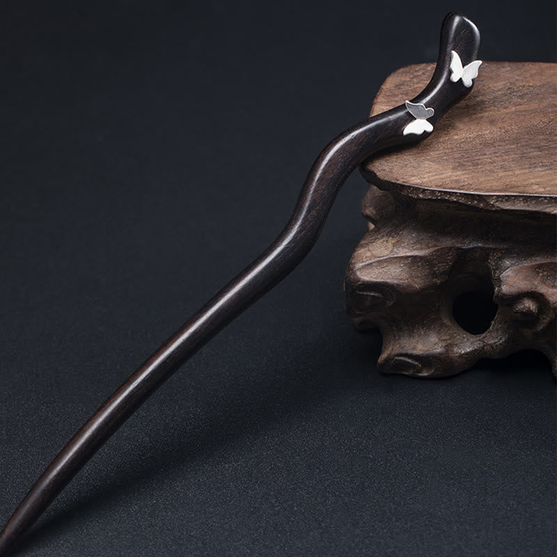 Buddha Stones925 スターリングシルバー クラシック中国風 黒檀 バタフライ リラックス ヘアピン