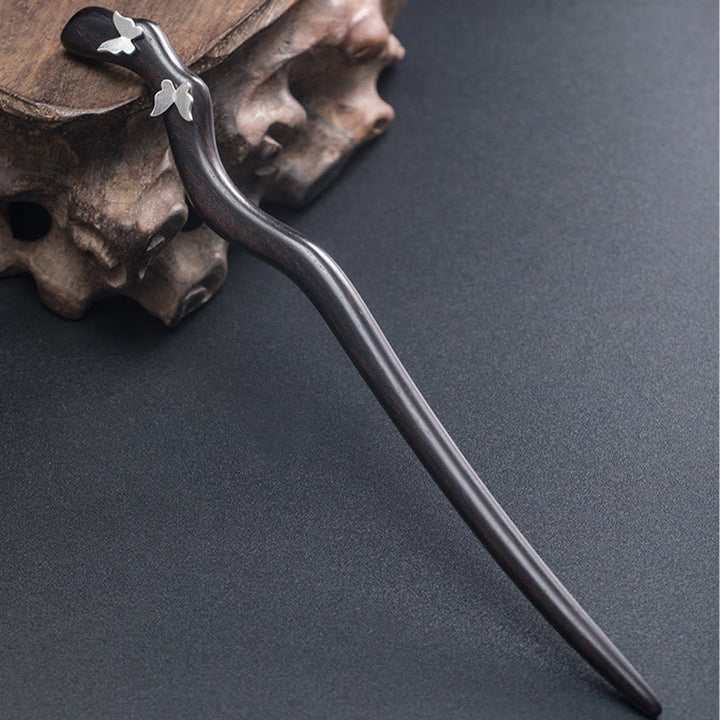 Buddha Stones925 スターリングシルバー クラシック中国風 黒檀 バタフライ リラックス ヘアピン