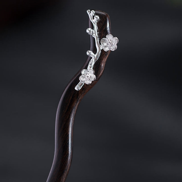 Buddha Stones925スターリングシルバー クラシック中国風黒檀梅花祝福ヘアピン - image 8