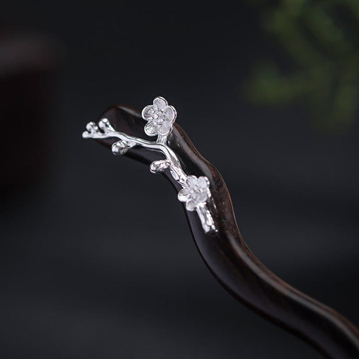 Buddha Stones925スターリングシルバー クラシック中国風黒檀梅花祝福ヘアピン - image 4