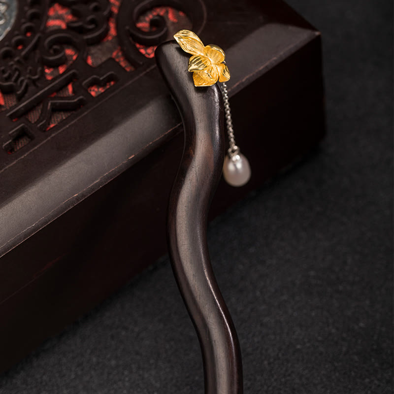 Buddha Stones925 スターリングシルバー クラシック中国風 黒檀 蓮の花 真珠 タッセル 祝福 ヘアピン - image 1