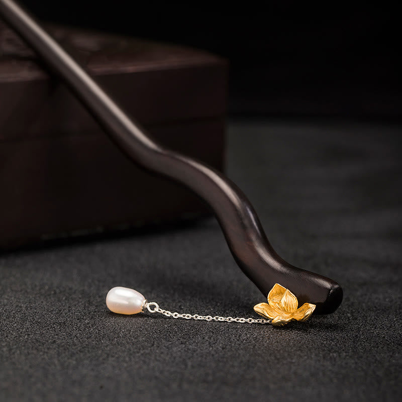 Buddha Stones925 スターリングシルバー クラシック中国風 黒檀 蓮の花 真珠 タッセル 祝福 ヘアピン - image 9