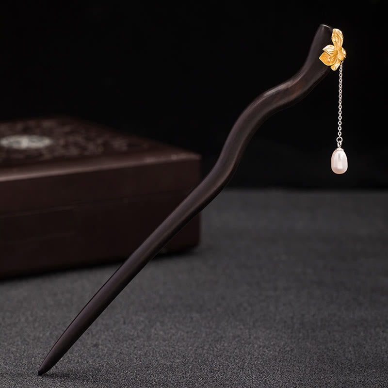 Buddha Stones925 スターリングシルバー クラシック中国風 黒檀 蓮の花 真珠 タッセル 祝福 ヘアピン - image 2