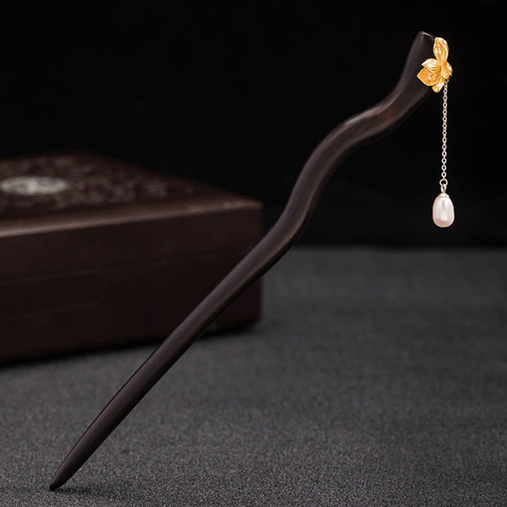 Buddha Stones925 スターリングシルバー クラシック中国風 黒檀 蓮の花 真珠 タッセル 祝福 ヘアピン - image 2